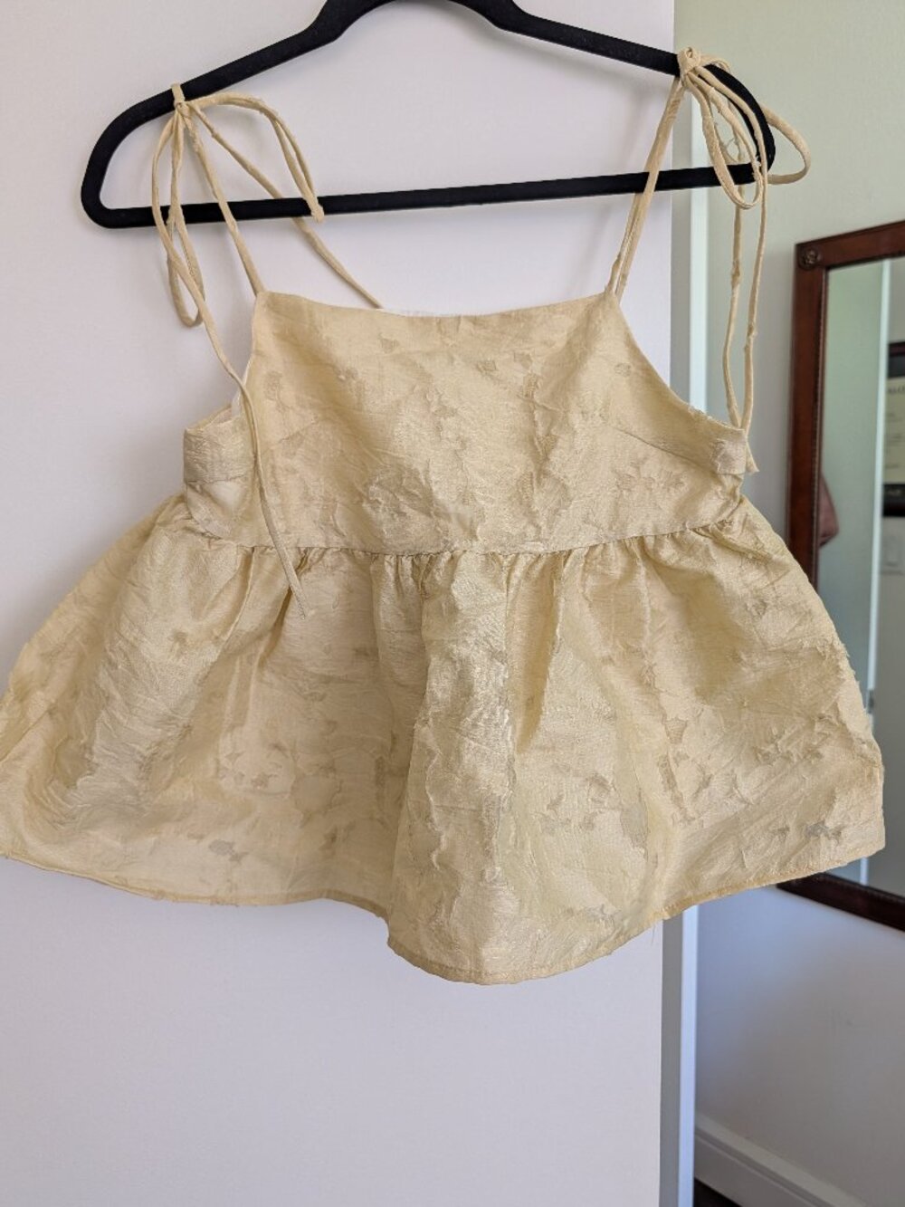Butter Yellow Jacquard Floral Peplum Crop Top Tie Straps Lined Size S